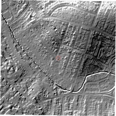 Shaded relief map of the ground around LE55UG, computed from Environment Agency LiDAR. The ground here sits at about 75 m above sea level and falls 23 m across the surrounding 800 m. Surface water reaching this point runs off ground lying to the north-east, 16.1 m higher.