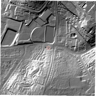 Shaded relief map of the ground around LE55WB, computed from Environment Agency LiDAR. The ground here sits at about 76 m above sea level and falls 34 m across the surrounding 800 m. Surface water reaching this point runs off ground lying to the south, 22.5 m higher.