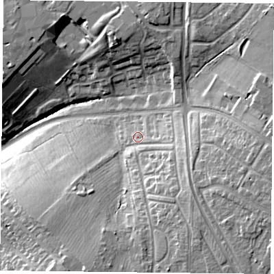 Shaded relief map of the ground around LE56ED, computed from Environment Agency LiDAR. The ground here sits at about 96 m above sea level and falls 23 m across the surrounding 800 m. Surface water reaching this point runs off ground lying to the east-south-east, 6.6 m higher.