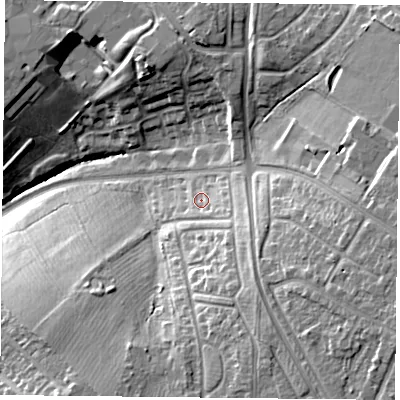 Shaded relief map of the ground around LE56EE, computed from Environment Agency LiDAR. The ground here sits at about 97 m above sea level and falls 22 m across the surrounding 800 m. Surface water reaching this point runs off ground lying to the south-east, 3.2 m higher.