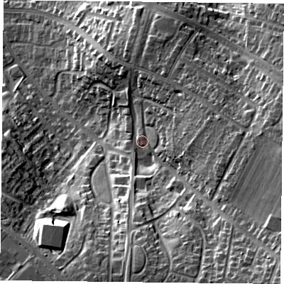Shaded relief map of the ground around LE56SD, computed from Environment Agency LiDAR. The ground here sits at about 84 m above sea level and falls 33 m across the surrounding 800 m. Surface water reaching this point runs off ground lying to the south-east, 21.3 m higher.