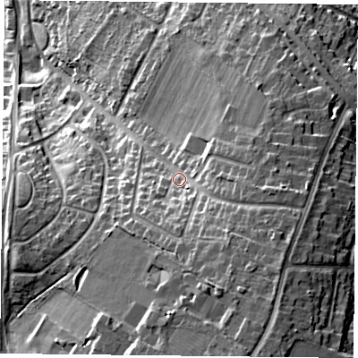 Shaded relief map of the ground around LE56SE, computed from Environment Agency LiDAR. The ground here sits at about 99 m above sea level and falls 27 m across the surrounding 800 m. Surface water reaching this point runs off ground lying to the south-south-east, 9.9 m higher.