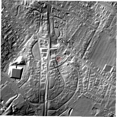 Shaded relief map of the ground around LE56TA, computed from Environment Agency LiDAR. The ground here sits at about 90 m above sea level and falls 35 m across the surrounding 800 m. Surface water reaching this point runs off ground lying to the south-south-west, 6.5 m higher.