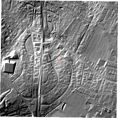 Shaded relief map of the ground around LE56TB, computed from Environment Agency LiDAR. The ground here sits at about 93 m above sea level and falls 33 m across the surrounding 800 m. Surface water reaching this point runs off ground lying to the south, 10.7 m higher.