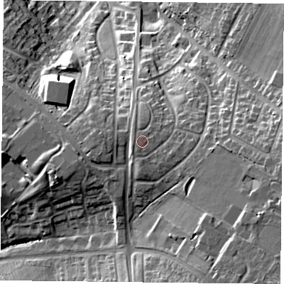 Shaded relief map of the ground around LE56TF, computed from Environment Agency LiDAR. The ground here sits at about 102 m above sea level and falls 29 m across the surrounding 800 m. Surface water reaching this point runs off ground lying to the west-south-west, 0.6 m higher.