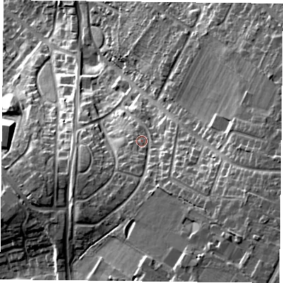Shaded relief map of the ground around LE56TJ, computed from Environment Agency LiDAR. The ground here sits at about 98 m above sea level and falls 33 m across the surrounding 800 m. Surface water reaching this point runs off ground lying to the south-south-east, 9.6 m higher.