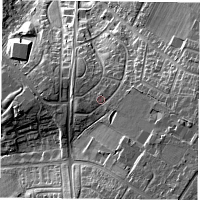 Shaded relief map of the ground around LE56TL, computed from Environment Agency LiDAR. The ground here sits at about 102 m above sea level and falls 27 m across the surrounding 800 m. Surface water reaching this point runs off ground lying to the east-south-east, 3.7 m higher.