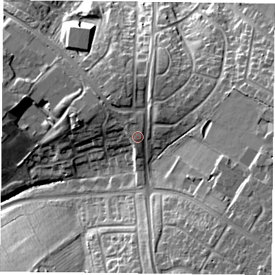 Shaded relief map of the ground around LE56TT, computed from Environment Agency LiDAR. The ground here sits at about 101 m above sea level and falls 21 m across the surrounding 800 m. Surface water reaching this point runs off ground lying to the north-west, 3.0 m higher.