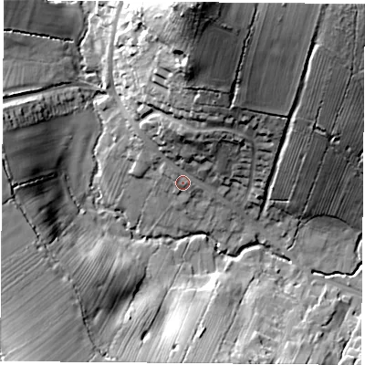 Shaded relief map of the ground around LE60AD, computed from Environment Agency LiDAR. The ground here sits at about 113 m above sea level and falls 50 m across the surrounding 800 m. Surface water reaching this point runs off ground lying to the north-north-east, 10.6 m higher.