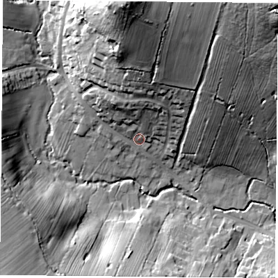 Shaded relief map of the ground around LE60AE, computed from Environment Agency LiDAR. The ground here sits at about 114 m above sea level and falls 57 m across the surrounding 800 m. Surface water reaching this point runs off ground lying to the north, 40.2 m higher.