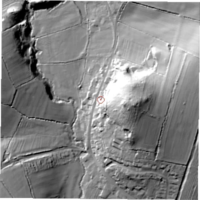 Shaded relief map of the ground around LE60AF, computed from Environment Agency LiDAR. The ground here sits at about 125 m above sea level and falls 47 m across the surrounding 800 m. Surface water reaching this point runs off ground lying to the east, 30.7 m higher.
