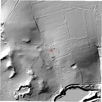 Shaded relief map of the ground around LE60HG, computed from Environment Agency LiDAR. The ground here sits at about 110 m above sea level and falls 47 m across the surrounding 800 m. Surface water reaching this point runs off ground lying to the north-east, 12.2 m higher.