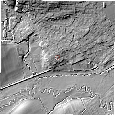Shaded relief map of the ground around LE60JJ, computed from Environment Agency LiDAR. The ground here sits at about 80 m above sea level and falls 19 m across the surrounding 800 m. Surface water reaching this point runs off ground lying to the north-north-west, 2.0 m higher.
