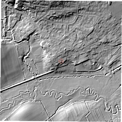 Shaded relief map of the ground around LE60JL, computed from Environment Agency LiDAR. The ground here sits at about 80 m above sea level and falls 18 m across the surrounding 800 m. Surface water reaching this point runs off ground lying to the north-north-west, 3.4 m higher.