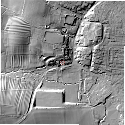Shaded relief map of the ground around LE60LE, computed from Environment Agency LiDAR. The ground here sits at about 87 m above sea level and falls 31 m across the surrounding 800 m. Surface water reaching this point runs off ground lying to the north, 10.1 m higher.