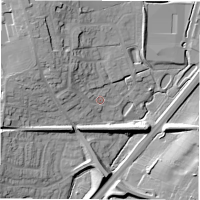 Shaded relief map of the ground around LE651AE, computed from Environment Agency LiDAR. The ground here sits at about 127 m above sea level and falls 23 m across the surrounding 800 m. Surface water reaching this point runs off ground lying to the north-west, 9.2 m higher.