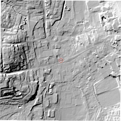 Shaded relief map of the ground around LE651AF, computed from Environment Agency LiDAR. The ground here sits at about 123 m above sea level and falls 25 m across the surrounding 800 m. Surface water reaching this point runs off ground lying to the west, 22.1 m higher.