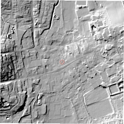 Shaded relief map of the ground around LE651AG, computed from Environment Agency LiDAR. The ground here sits at about 123 m above sea level and falls 22 m across the surrounding 800 m. Surface water reaching this point runs off ground lying to the west, 18.4 m higher.