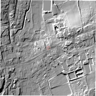 Shaded relief map of the ground around LE651AH, computed from Environment Agency LiDAR. The ground here sits at about 129 m above sea level and falls 21 m across the surrounding 800 m. Surface water reaching this point runs off ground lying to the east-north-east, 3.2 m higher.