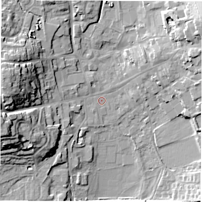 Shaded relief map of the ground around LE651AL, computed from Environment Agency LiDAR. The ground here sits at about 123 m above sea level and falls 24 m across the surrounding 800 m. Surface water reaching this point runs off ground lying to the west, 20.7 m higher.