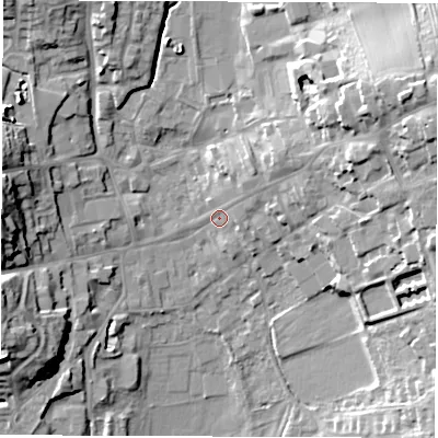 Shaded relief map of the ground around LE651AN, computed from Environment Agency LiDAR. The ground here sits at about 124 m above sea level and falls 22 m across the surrounding 800 m. Surface water reaching this point runs off ground lying to the east-north-east, 8.0 m higher.