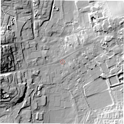 Shaded relief map of the ground around LE651AU, computed from Environment Agency LiDAR. The ground here sits at about 123 m above sea level and falls 22 m across the surrounding 800 m. Surface water reaching this point runs off ground lying to the west, 18.5 m higher.