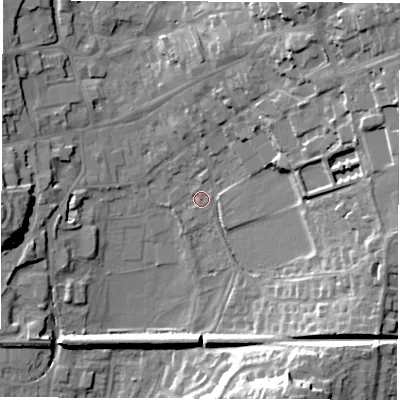 Shaded relief map of the ground around LE651BL, computed from Environment Agency LiDAR. The ground here sits at about 122 m above sea level and falls 25 m across the surrounding 800 m. Surface water reaching this point runs off ground lying to the north-east, 19.9 m higher.