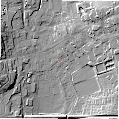 Shaded relief map of the ground around LE651BQ, computed from Environment Agency LiDAR. The ground here sits at about 123 m above sea level and falls 22 m across the surrounding 800 m. Surface water reaching this point runs off ground lying to the north, 2.0 m higher.