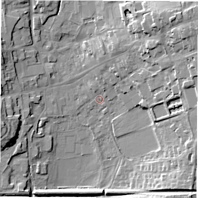 Shaded relief map of the ground around LE651BR, computed from Environment Agency LiDAR. The ground here sits at about 123 m above sea level and falls 22 m across the surrounding 800 m. Surface water reaching this point runs off ground lying to the north-north-east, 7.6 m higher.