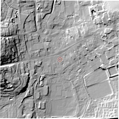 Shaded relief map of the ground around LE651BW, computed from Environment Agency LiDAR. The ground here sits at about 123 m above sea level and falls 23 m across the surrounding 800 m. Surface water reaching this point runs off ground lying to the west, 19.8 m higher.