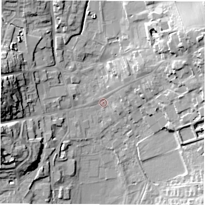 Shaded relief map of the ground around LE651FL, computed from Environment Agency LiDAR. The ground here sits at about 123 m above sea level and falls 22 m across the surrounding 800 m. Surface water reaching this point runs off ground lying to the west, 18.5 m higher.
