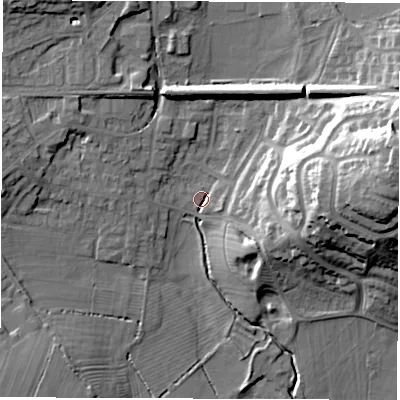 Shaded relief map of the ground around LE651GE, computed from Environment Agency LiDAR. The ground here sits at about 118 m above sea level and falls 30 m across the surrounding 800 m. Surface water reaching this point runs off ground lying to the east, 20.5 m higher.