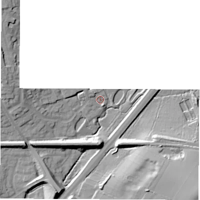 Shaded relief map of the ground around LE651GN, computed from Environment Agency LiDAR. The ground here sits at about 125 m above sea level and falls 26 m across the surrounding 800 m. Surface water reaching this point runs off ground lying to the west-north-west, 3.3 m higher.