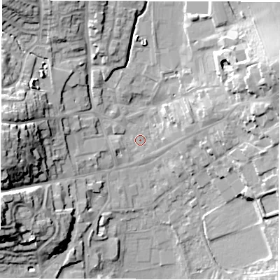 Shaded relief map of the ground around LE651HA, computed from Environment Agency LiDAR. The ground here sits at about 123 m above sea level and falls 23 m across the surrounding 800 m. Surface water reaching this point runs off ground lying to the west, 20.2 m higher.