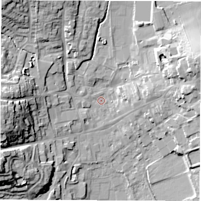 Shaded relief map of the ground around LE651HB, computed from Environment Agency LiDAR. The ground here sits at about 123 m above sea level and falls 23 m across the surrounding 800 m. Surface water reaching this point runs off ground lying to the west-south-west, 20.4 m higher.