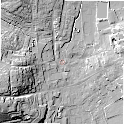 Shaded relief map of the ground around LE651HH, computed from Environment Agency LiDAR. The ground here sits at about 123 m above sea level and falls 25 m across the surrounding 800 m. Surface water reaching this point runs off ground lying to the west-south-west, 22.6 m higher.