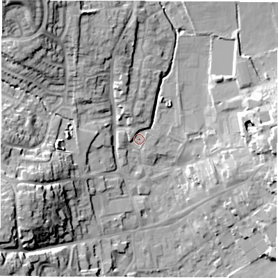 Shaded relief map of the ground around LE651HQ, computed from Environment Agency LiDAR. The ground here sits at about 125 m above sea level and falls 24 m across the surrounding 800 m. Surface water reaching this point runs off ground lying to the north, 4.2 m higher.