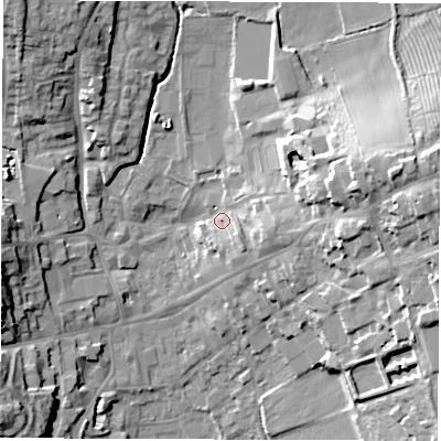 Shaded relief map of the ground around LE651HS, computed from Environment Agency LiDAR. The ground here sits at about 126 m above sea level and falls 21 m across the surrounding 800 m. Surface water reaching this point runs off ground lying to the east-south-east, 6.1 m higher.