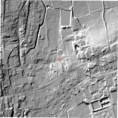 Shaded relief map of the ground around LE651HU, computed from Environment Agency LiDAR. The ground here sits at about 126 m above sea level and falls 21 m across the surrounding 800 m. Surface water reaching this point runs off ground lying to the south-east, 5.3 m higher.