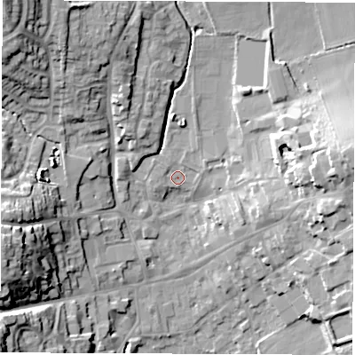 Shaded relief map of the ground around LE651HY, computed from Environment Agency LiDAR. The ground here sits at about 125 m above sea level and falls 22 m across the surrounding 800 m. Surface water reaching this point runs off ground lying to the east, 16.8 m higher.