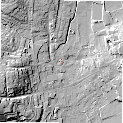 Shaded relief map of the ground around LE651JU, computed from Environment Agency LiDAR. The ground here sits at about 124 m above sea level and falls 25 m across the surrounding 800 m. Surface water reaching this point runs off ground lying to the north, 5.5 m higher.