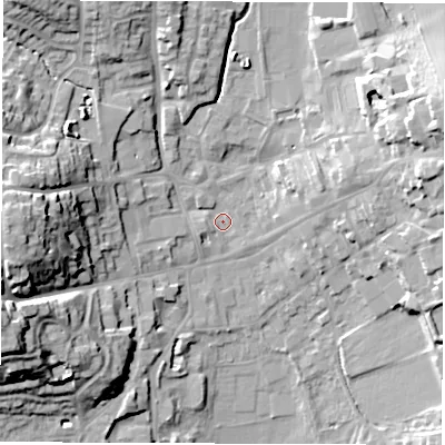 Shaded relief map of the ground around LE651JW, computed from Environment Agency LiDAR. The ground here sits at about 123 m above sea level and falls 24 m across the surrounding 800 m. Surface water reaching this point runs off ground lying to the west-south-west, 1.8 m higher.