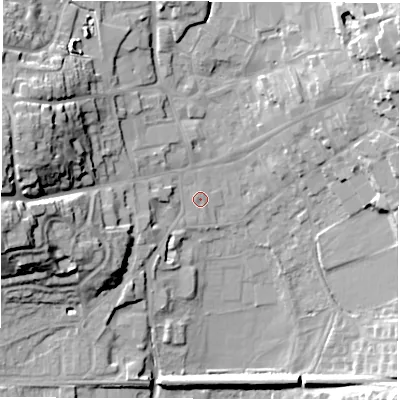 Shaded relief map of the ground around LE651LF, computed from Environment Agency LiDAR. The ground here sits at about 123 m above sea level and falls 26 m across the surrounding 800 m. Surface water reaching this point runs off ground lying to the west-south-west, 12.9 m higher.