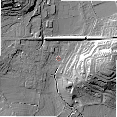 Shaded relief map of the ground around LE651TZ, computed from Environment Agency LiDAR. The ground here sits at about 118 m above sea level and falls 28 m across the surrounding 800 m. Surface water reaching this point runs off ground lying to the east, 24.9 m higher.