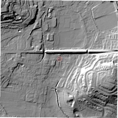 Shaded relief map of the ground around LE651US, computed from Environment Agency LiDAR. The ground here sits at about 120 m above sea level and falls 28 m across the surrounding 800 m. Surface water reaching this point runs off ground lying to the east-south-east, 24.2 m higher.