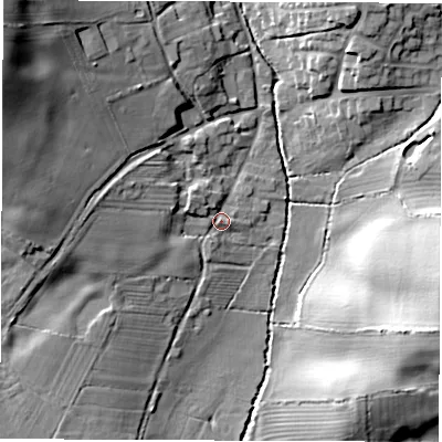 Shaded relief map of the ground around LE651WD, computed from Environment Agency LiDAR. The ground here sits at about 108 m above sea level and falls 28 m across the surrounding 800 m. Surface water reaching this point runs off ground lying to the west, 8.1 m higher.