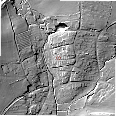 Shaded relief map of the ground around LE651WG, computed from Environment Agency LiDAR. The ground here sits at about 111 m above sea level and falls 18 m across the surrounding 800 m. Surface water reaching this point runs off ground lying to the north-east, 8.2 m higher.