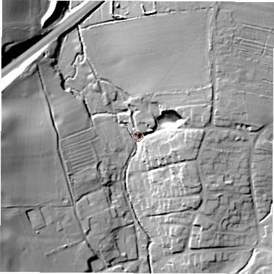Shaded relief map of the ground around LE651WL, computed from Environment Agency LiDAR. The ground here sits at about 108 m above sea level and falls 24 m across the surrounding 800 m. Surface water reaching this point runs off ground lying to the west, 22.9 m higher.