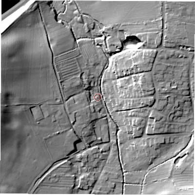 Shaded relief map of the ground around LE651WN, computed from Environment Agency LiDAR. The ground here sits at about 108 m above sea level and falls 27 m across the surrounding 800 m. Surface water reaching this point runs off ground lying to the west-north-west, 26.2 m higher.