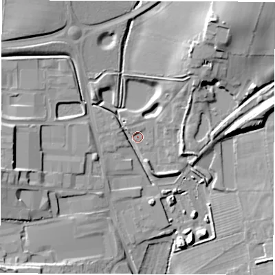Shaded relief map of the ground around LE652AD, computed from Environment Agency LiDAR. The ground here sits at about 134 m above sea level and falls 24 m across the surrounding 800 m. Surface water reaching this point runs off ground lying to the north-east, 20.1 m higher.